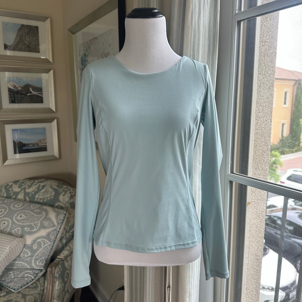 Sweaty Betty Blue Super Soft Rib Yoga Long Sleeve Top Criss Cross Back Size US 6